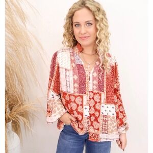 New Moda Rust Patchwork Print Top – V-Neck with Buttons – Large